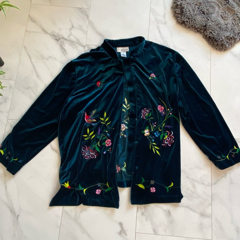 Susan Graver Style Velour embroidered jacket 1x plus size spring green blue